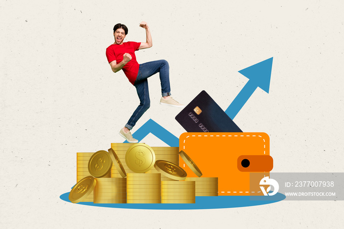 Composite collage image of excited delighted person stand pile stack money coins raise fists drawing arrow upwards isolated on creative background