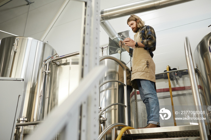 Full length portrait of bearded brewmaster controlling production at beer making factory, copy space