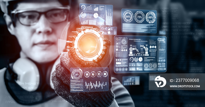 Engineering technology and industry 4.0 smart factory concept with icon graphic showing automation system by using robots and automated machinery controlled via internet network .