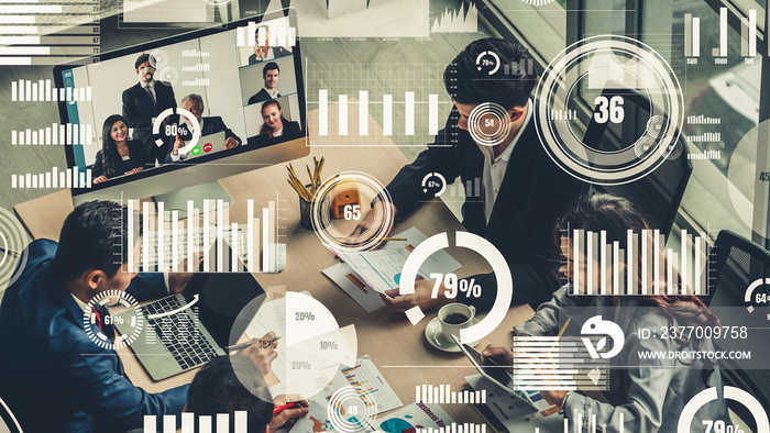 Creative visual of business people in a corporate staff meeting on video call . Concept of digital technology for marketing data analysis and investment decision making .