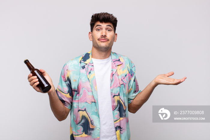 young man with a beer feeling puzzled and confused, doubting, weighting or choosing different options with funny expression