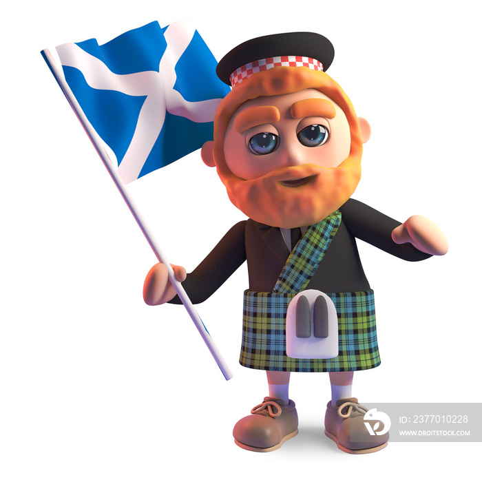 Proud Scottish man in kilt waves the Scottish flag, 3d illustration