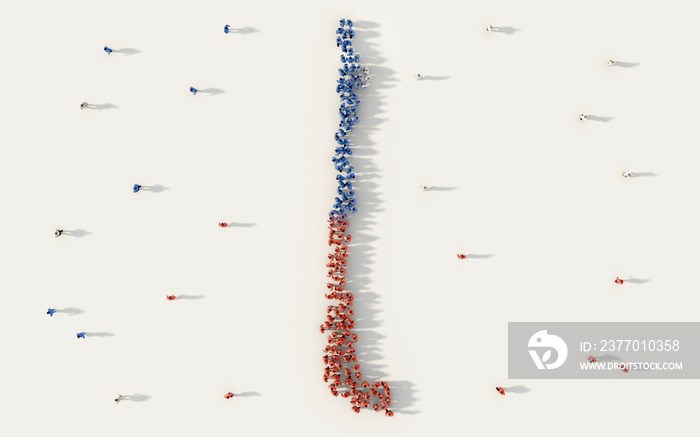 Large group of people forming Chile map and national flag in social media and communication concept on white background. 3d sign symbol of crowd illustration from above gathered together