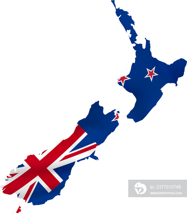 New Zealand map with waving flag.