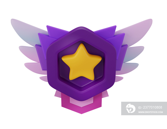 3D game badge fantasy icon, ranking medal shield, mobile app UI level up gift star render, wings. Cyber sport round award, victory trophy reward, rating bonus experience label. Game badge casino bonus