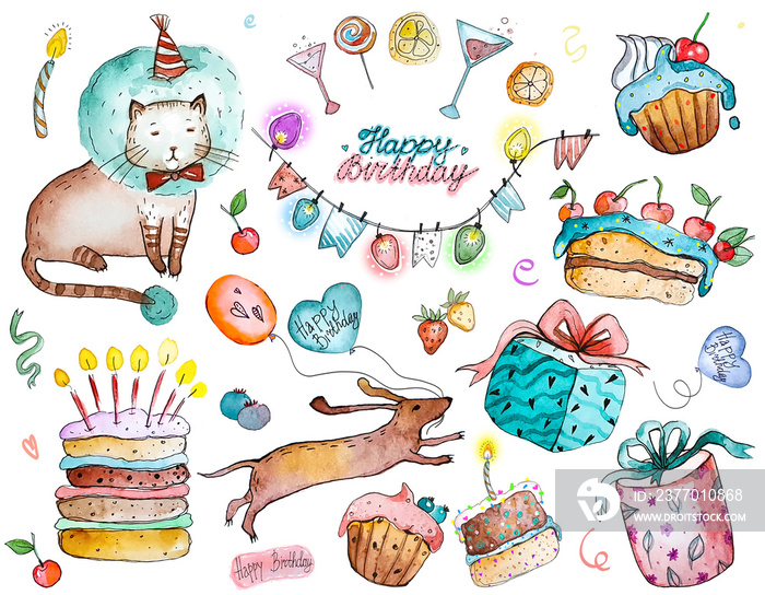 Watercolor set Happy birthday. Cake, festive candles, garland with flags, gifts, funny cats and dogs. Children’s wallpapers, backgrounds, clothes.