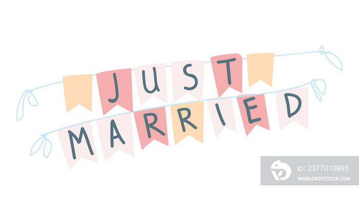 Just married decorative party flags semi flat color raster object. Newlywed apartment decoration. Full sized item on white. Simple cartoon style illustration for web graphic design and animation