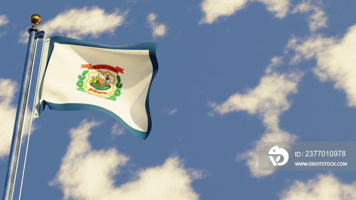 West Virginia 3D rendered realistic waving flag illustration on Flagpole. Isolated on sky background with space on the right side.