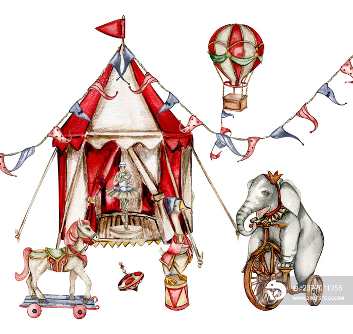 Watercolor circus composition in vintage style. Perfect for wedding, invitations, blogs, card templates, birthday and baby cards, patterns, quotes. isolater on white background.Cute circus animals.