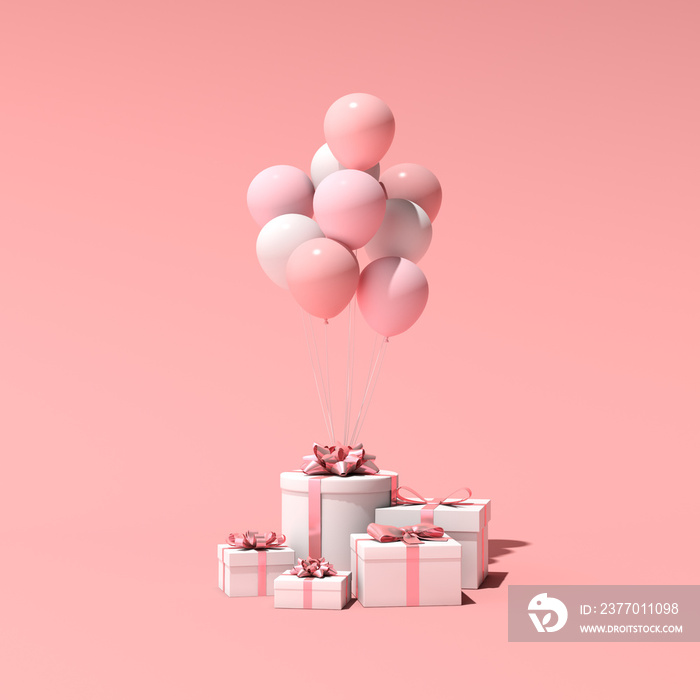 3D rendering of gift box and balloons. Minimal concept.