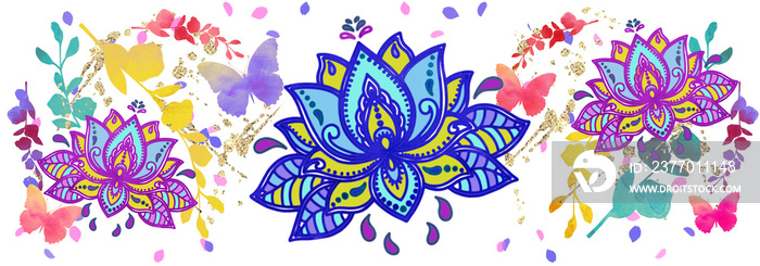 Lotus flowers pattern with butterflies. Yoga, tarot, tattoo pattern.