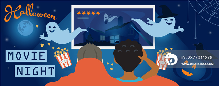 Halloween Movie Night, Illustration for Facebook Cover or web site. Children watch scary video on TV, ghosts, pumpkin, raven, haunted house and full moon. Flyer, invitation template for party.