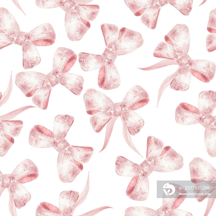 Seamless Watercolor Pattern of Potter’s Pink Ribbons and Bows on White Background. Girlish Illustration for Wallpaper, Fabric and Postcard