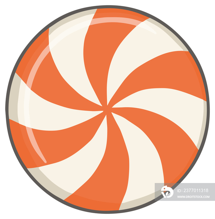 Traditional round orange and white colored striped swirl Halloween candy drop on transparent background