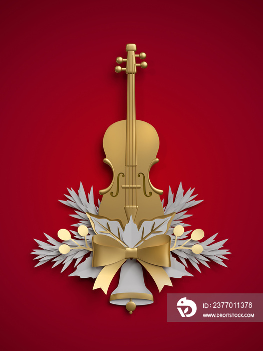 3d render, Christmas floral decoration, viola, violin musical instrument, golden bow, bell, flat paper craft clip art isolated on red background