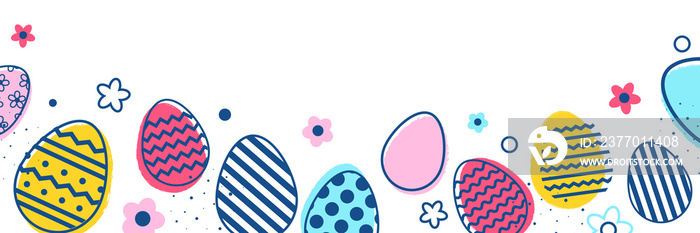 Easter eggs and flowers on transparent background. Modern cartoon style. Panoramic header. PNG