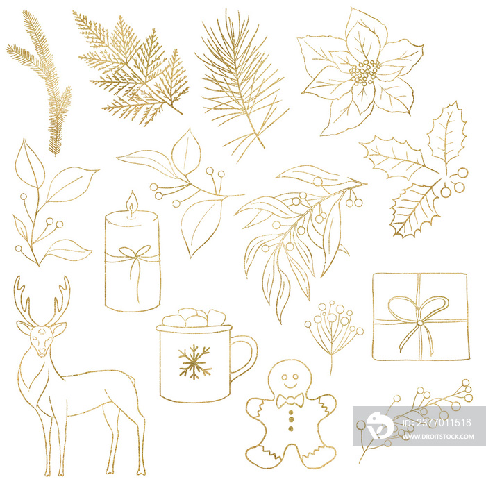 Christmas clipart isolated illustration, golden outlines. Elements for holiday greeting cards
