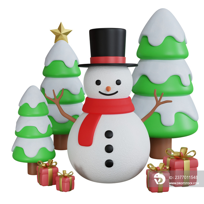 3D Holiday Season Christmas Tree and Snowman. Present and Gift Box. PNG Transparent Background.