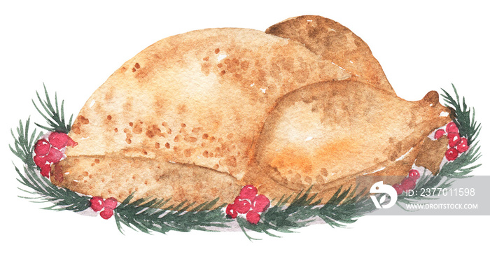 Watercolor turkey food dish for Thanksgiving day illustration