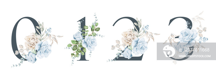 Watercolor number set - digits 0, 1, 2, 3 with navy and beige floral, greenery. For wedding invitation, baby shower, save the date, birthday, mothers day, branding, logo, cards