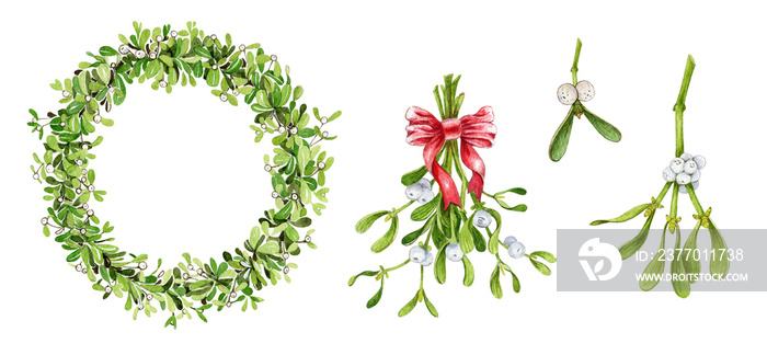 Mistletoe branch, wreath and bouquet with red ribbon watercolor illustration. Hand painted traditional seasonal christmas and new year evergreen plant, isolated on white background.