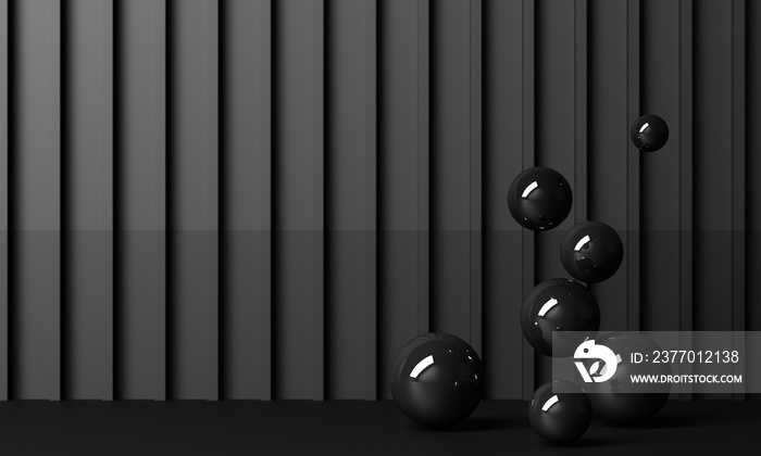 Position the geometric shapes with shiny black textures and mirrors on a black background. 3d render