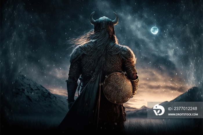 Viking warrior from the back, lake and mountains in the background, night sky. AI digital illustration