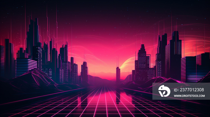 Synthwave retro cyberpunk style landscape background banner or wallpaper. Bright neon pink and purple colors.