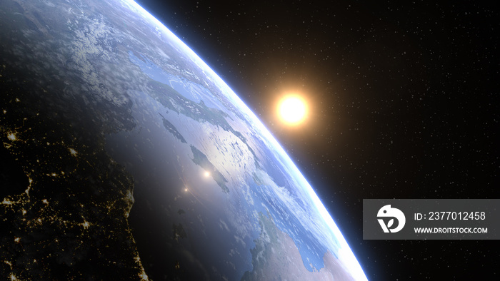 Beautiful view from space of the Sun rising over Planet Earth. Elements of this 3D illustration were furnished by NASA.