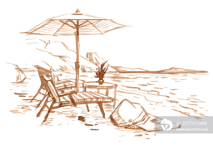 beach chairs and umbrella coffee painting for card illustration decoration