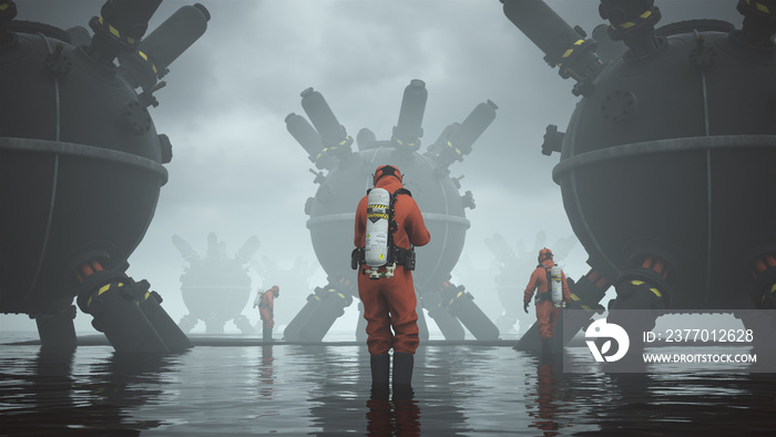 Man Hazmat Suit with Gas Mask and Breathing Apparatus Standing in Water Surrounded by Large Sci-fi Objects and Black Sand 3d illustration 3d render