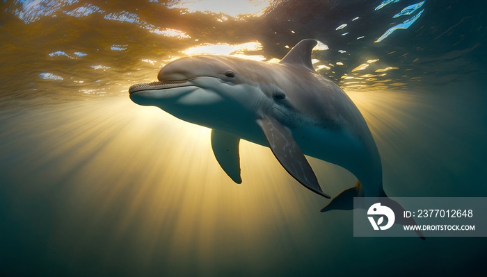 dolphin in the sea, Dolphin side view, golden hour, Ai Generate