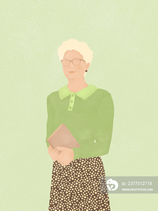 smiling stylish elegant middle aged lady wearing fashionable clothes and glasses