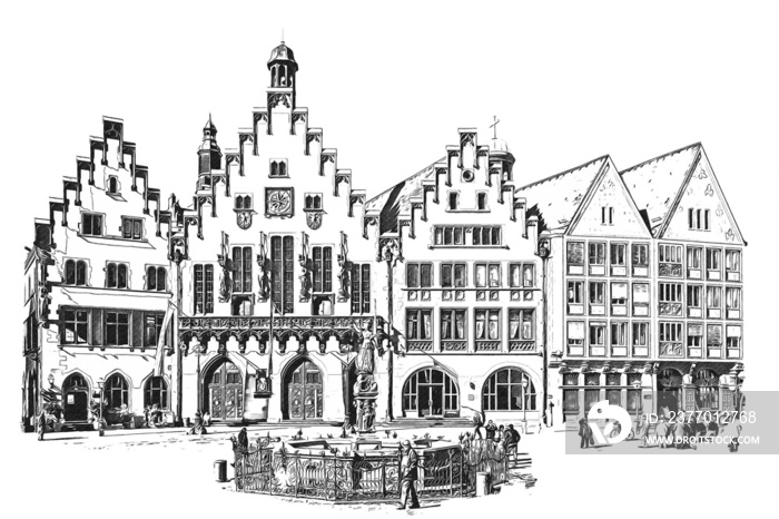 Frankfurt Germany, Romer Town Square and historic buildings, ink sketch illustration.