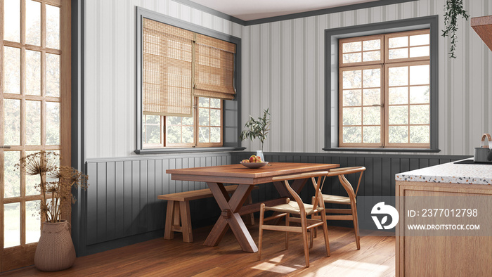 Farmhouse wooden dining room in white and gray tones. Cabinets and table with chair and bench. Wallpaper and parquet floor. Rustic interior design