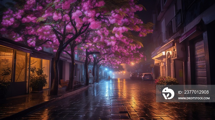 night in the city pink Sophora affinis Eve’s Necklace japonica trees in japan