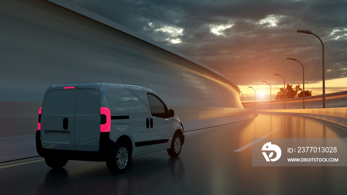 White delivery van on highway. Transport and logistic concept. 3D Illustration