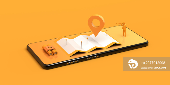 Locator mark, map with pins, binoculars and man with spyglass on smartphone. Online travel concept. 3D illustration. Copy space.