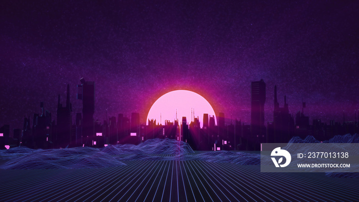 RETRO CITY SKYLINE: Neon glowing sun and starry sky | Synthwave / Retrowave / Vaporwave Background | 3D Illustration