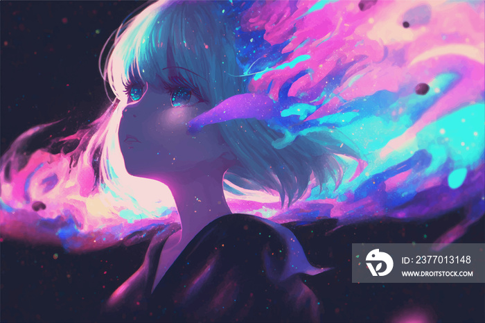 Aesthetic illustration of a girl looking up to the sky with beautiful effect