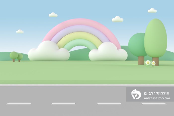 Minimal cartoon landscape background with a road for baby and kid in pastel tone colors. 3D rendering.