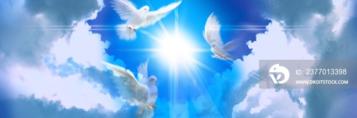 The flying three white doves around clouds stairs leading to shining heaven and the background of the clouds in beautiful blue sky