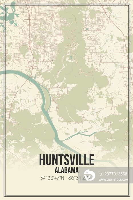 Retro US city map of Huntsville, Alabama. Vintage street map.