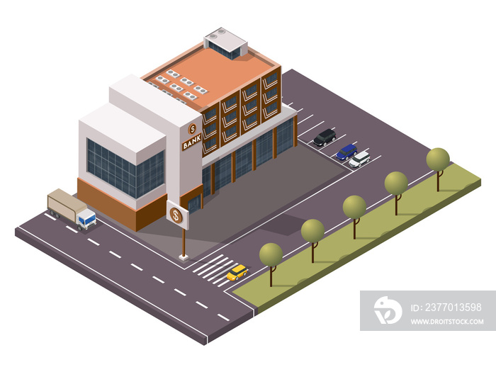 Isometric Bank Building with Signboard and Car Parking in Front of Street Yard View.