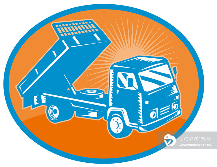 illustration of a Tipper dumper dump truck or lorry set inside an oval.