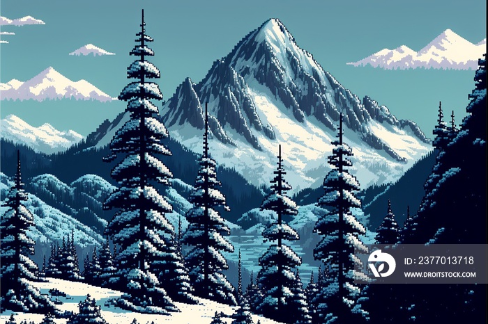 Landscape with ice mountains, pine forest and lake, 16 bit pixel art style. AI digital illustration