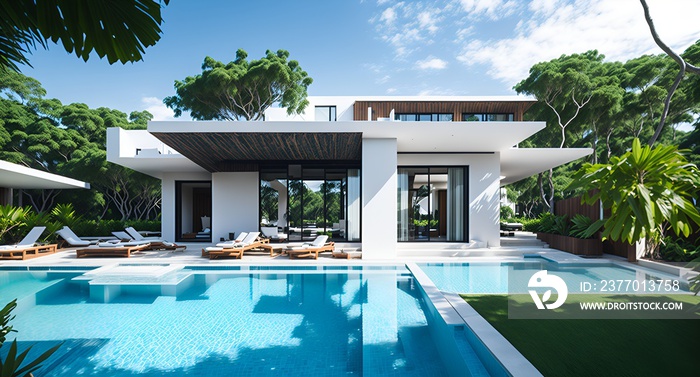 Photo of a luxurious outdoor swimming pool in front of a modern house