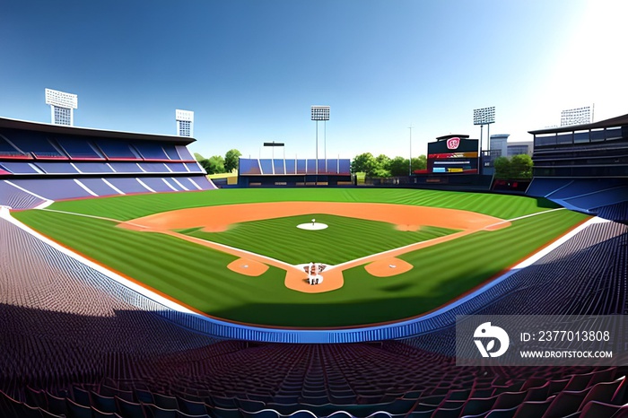 Grand baseball stadium field diamond daylight view, modern public sport building 3D render background.