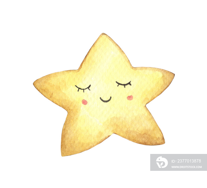 Smile face in the shape of star. Isolated on white background. Hand drawn watercolor illustration.