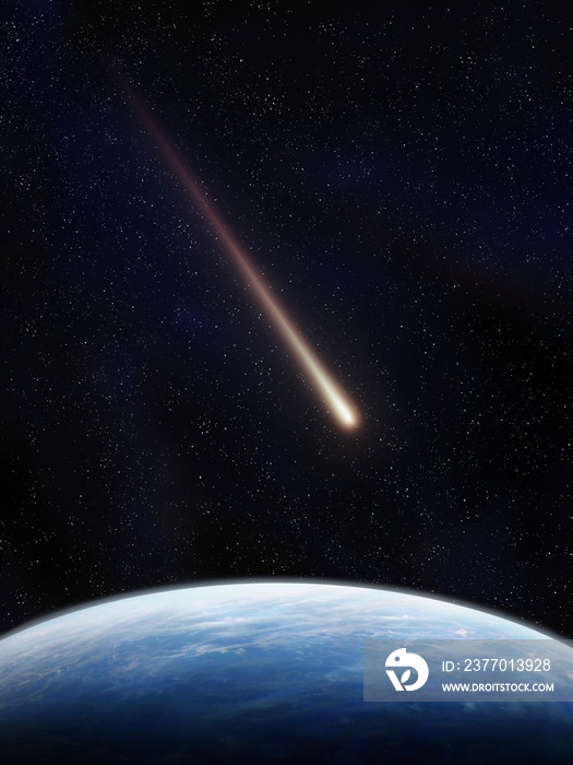 Comet is moving towards the Earth. Celestial body is approaching our planet. A meteorite glows in the starry sky.